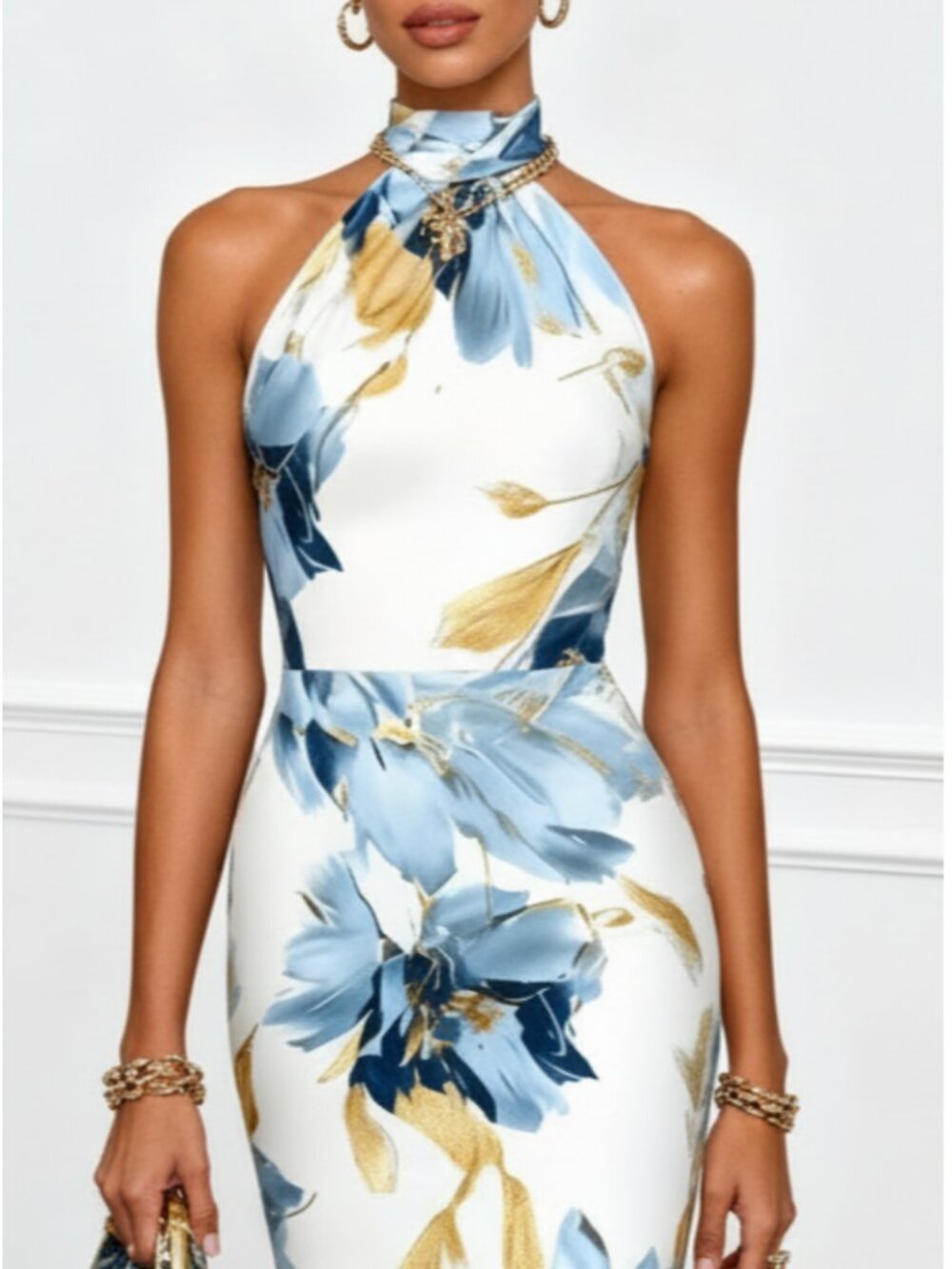 Blue Floral Satin Halter Sleeveless Sheath Midi Dress Blue Floral Satin Halter - Picture 3 of 3